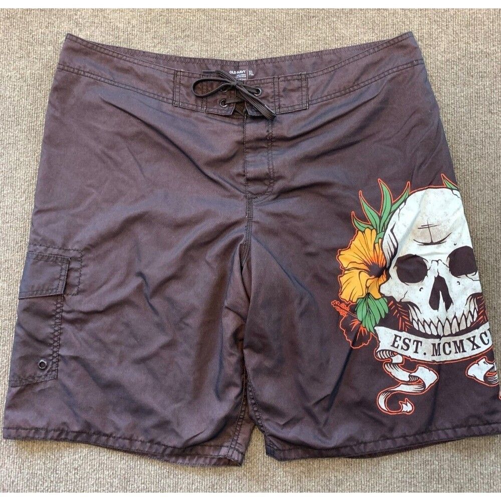 Old Navy Swim Trunks Mens XL Lined Board Shorts Skull Y2K Beach Surf Brown
